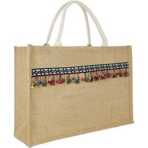 Beach Tote Handmade Weaving  Bohemian Tassel Ribbon